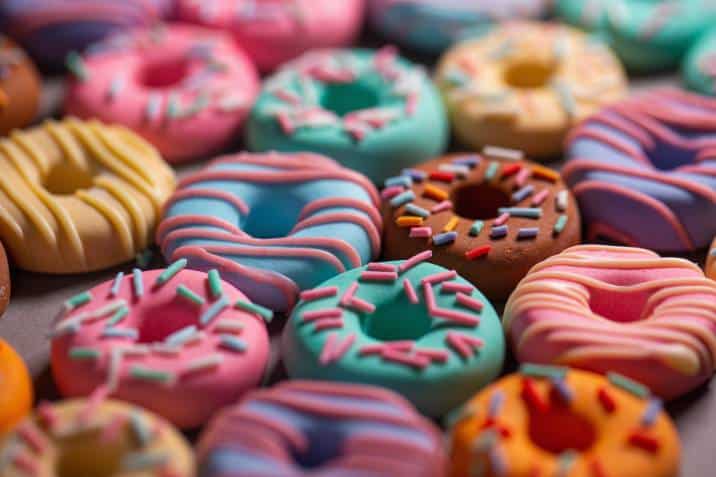 Mini art cakes for Valentine's Day gift, Multi-coloured donuts decorated with sprinkles and icing