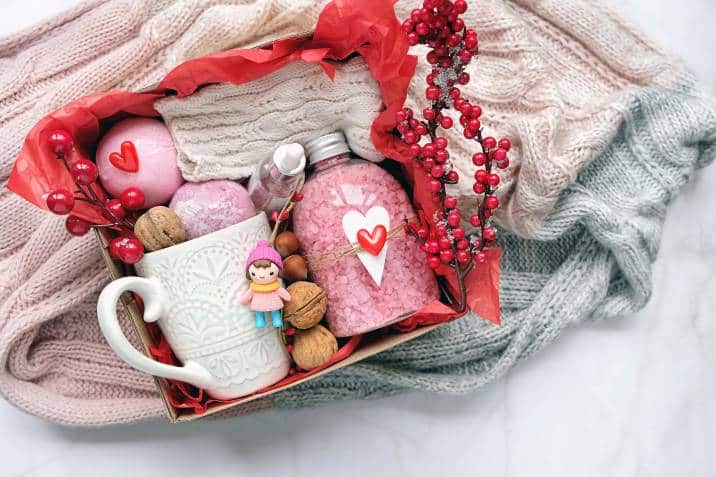 Valentine's Day gift box with cosmetics products and presents