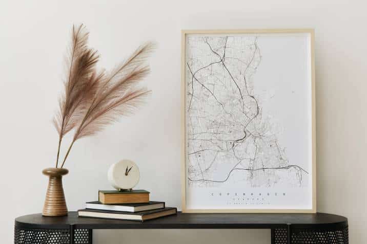 Framed map of couple's favourite city, Unique Valentine's gift displayed in modern Scandinavian home interior 