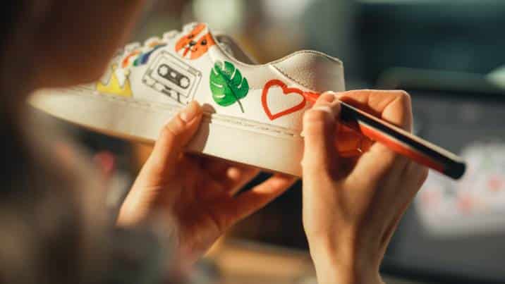 Close up over the shoulder view of artist drawing a heart and other designs on sneakers, Creative Valentine's Day gift idea