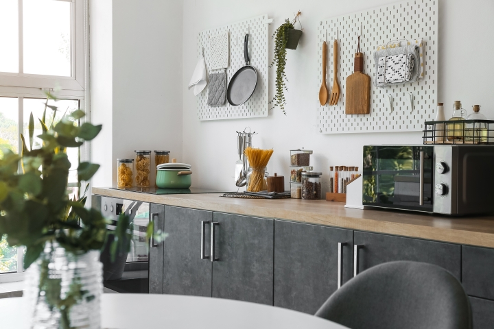 pegboards used for displaying kitchen utensils