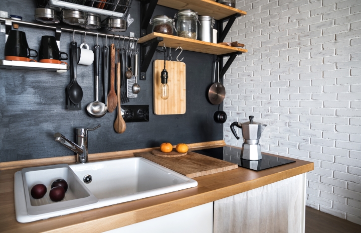 modern small kitchen with open shelves