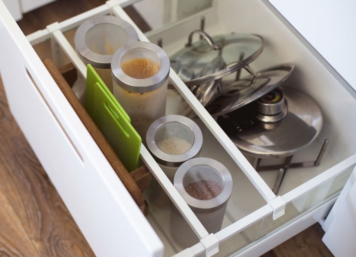 space-saving kitchen drawers for pots, pans, and chopping boards