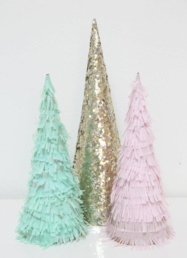 Fringed Christmas tree DIY pastel and gold