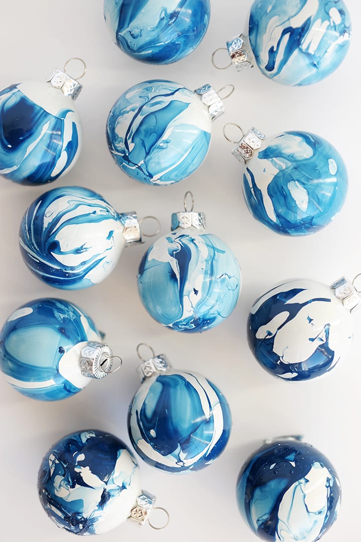 blue marbled Christmas baubles