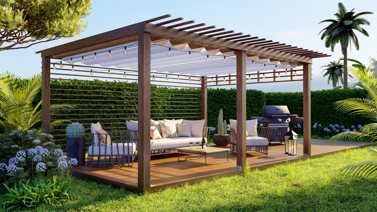 layered fabric over wooden pergola