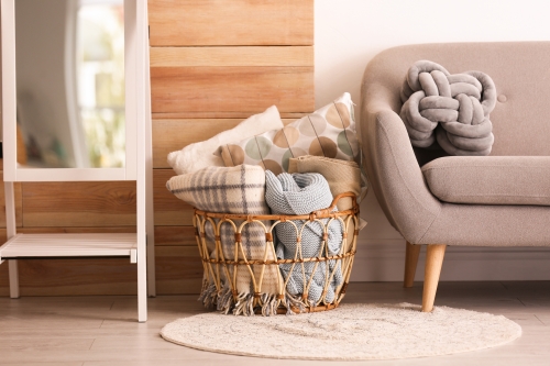 basket used as storage in living room