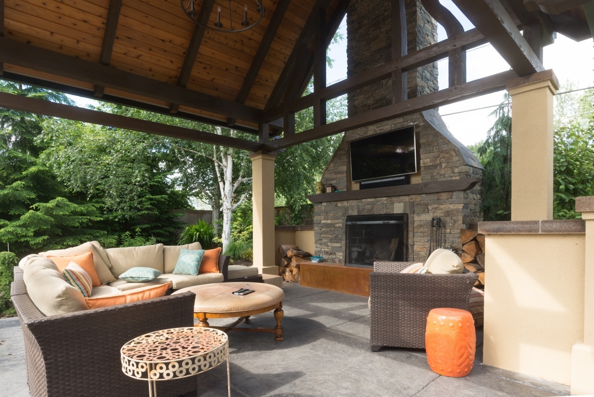 upscale fireplace with outdoor tv