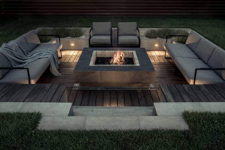 elegant recessed floor lights surrounding fire pit area