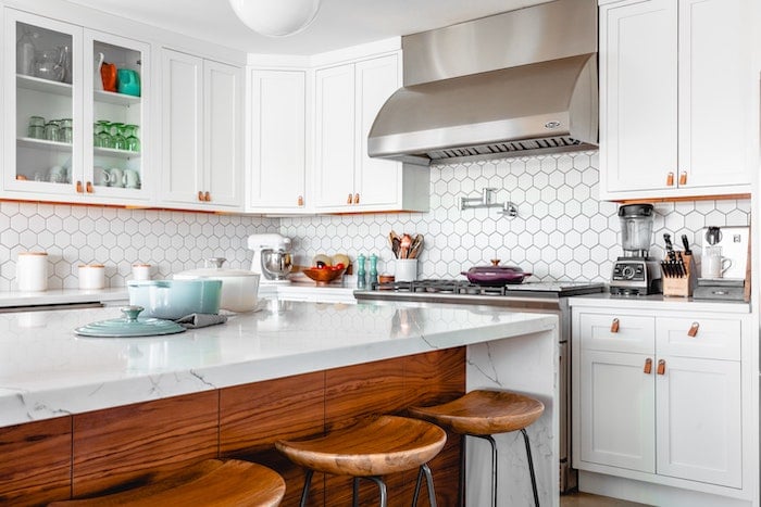 white hexagon kitchen splashback tiles