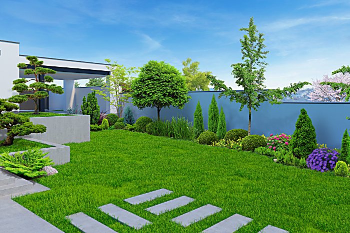 Modern backyard with oriental inspired background