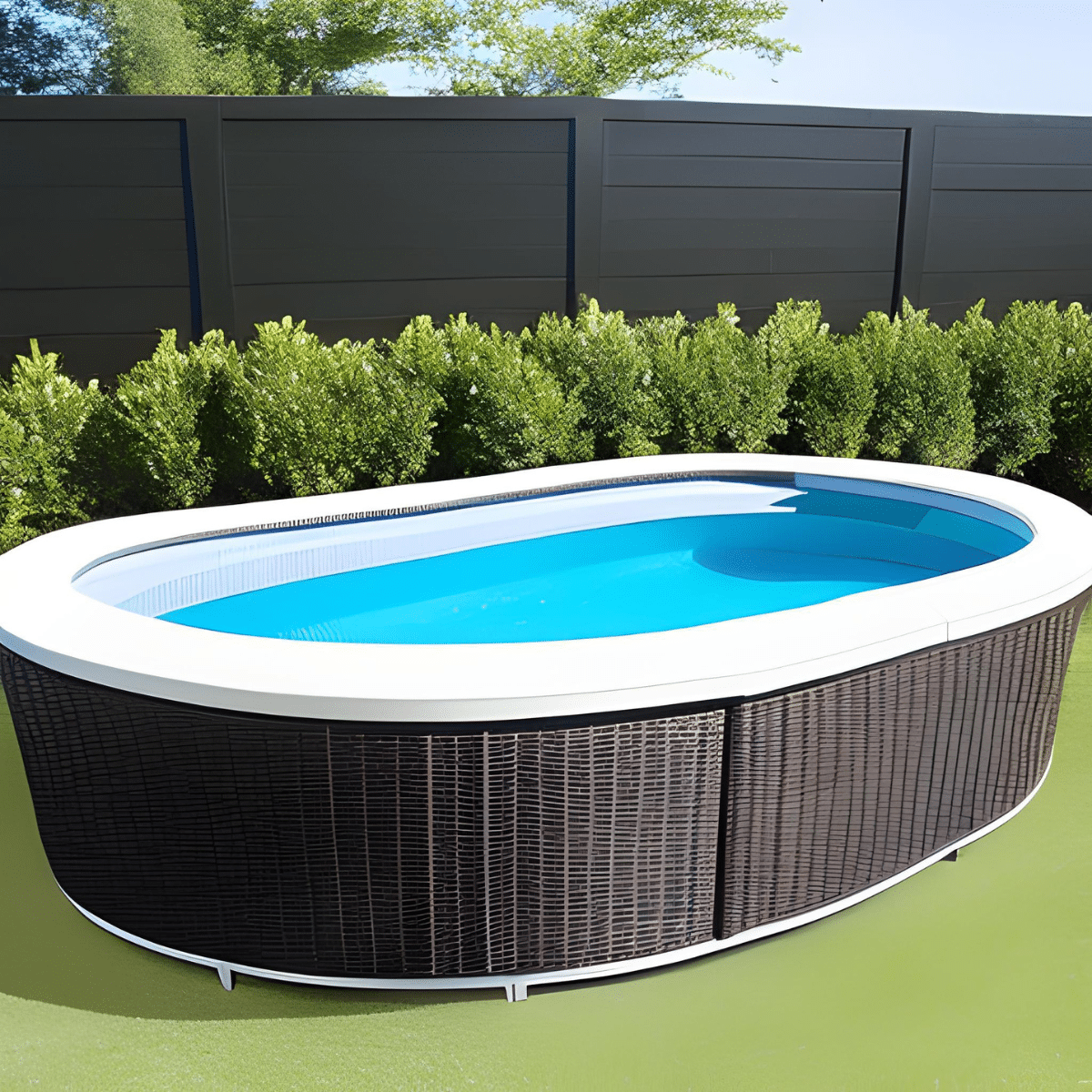 Rattan above-ground pool near a fence