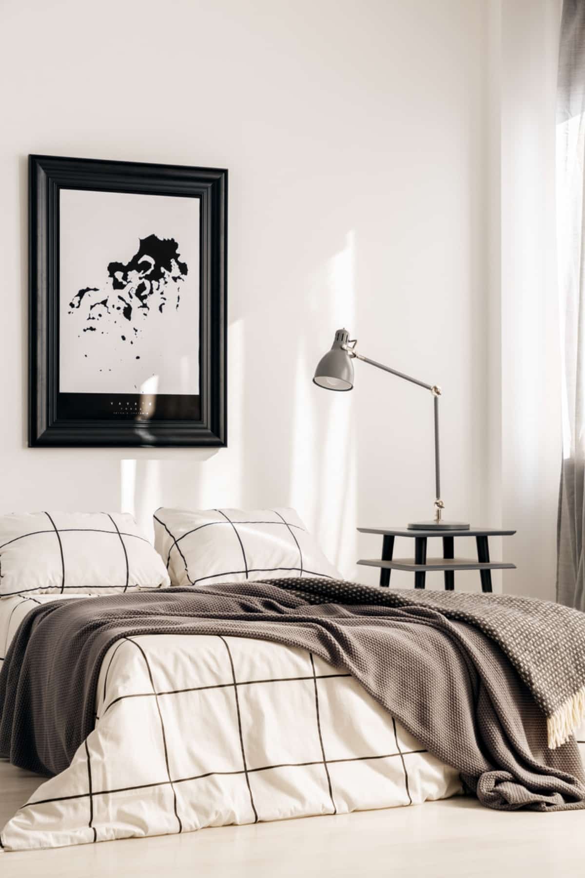 Mid century modern bedroom with checkered-bedsheet