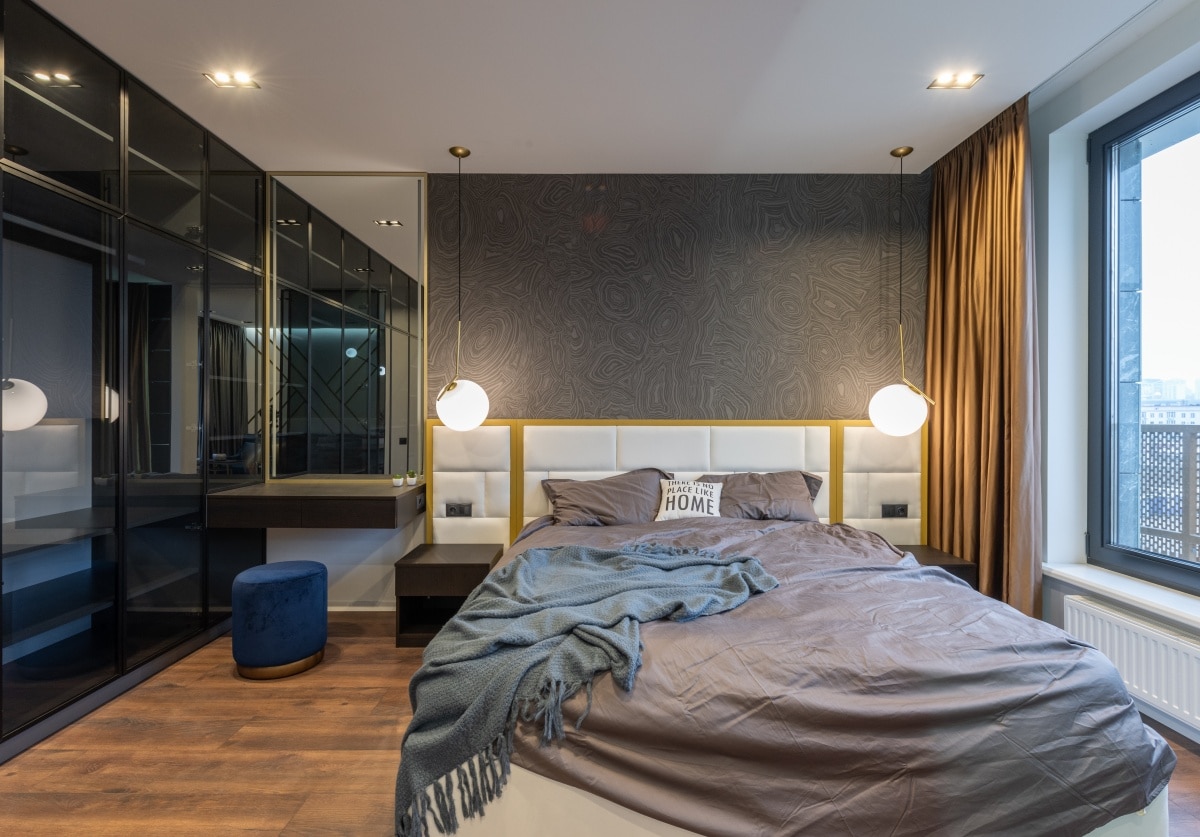 Modern mid century bedroom with lighting accents