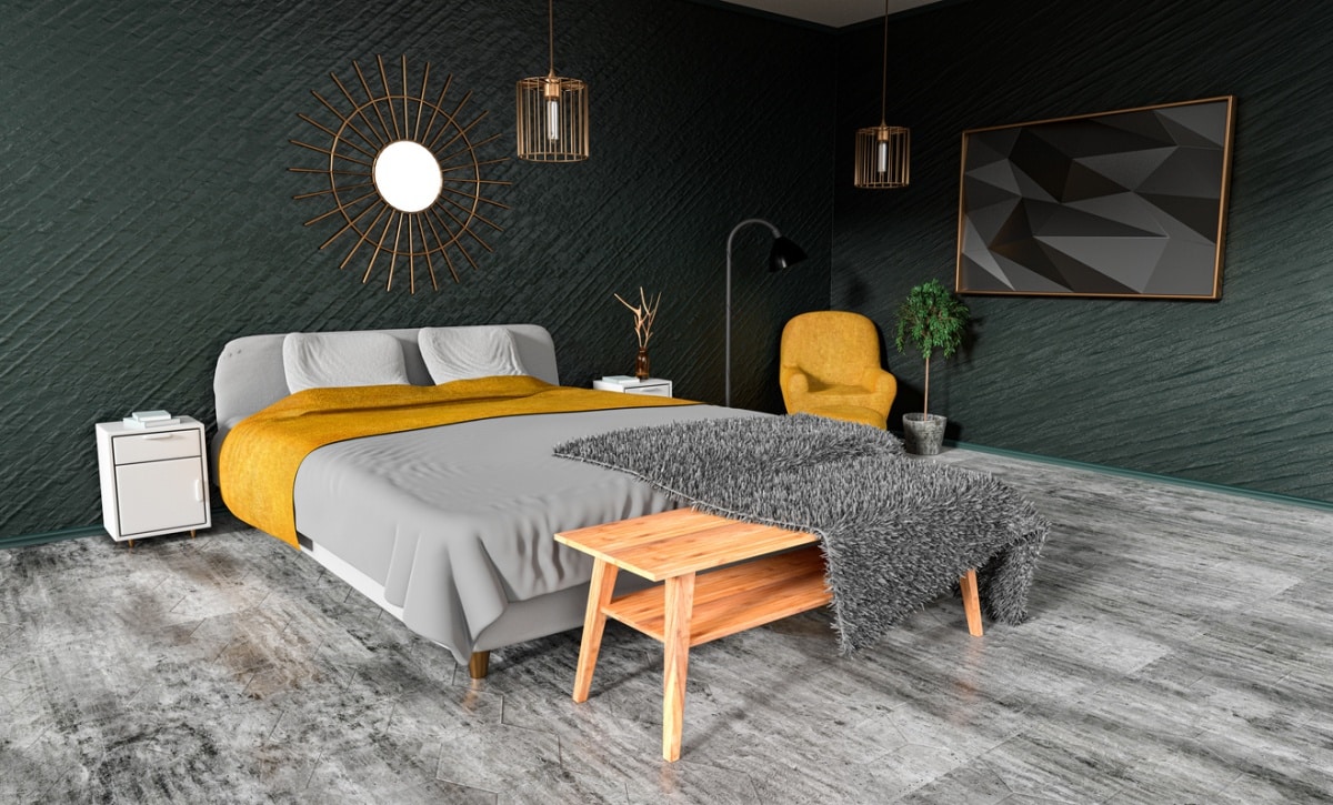 Mustard and yellow gold mid century bedroom