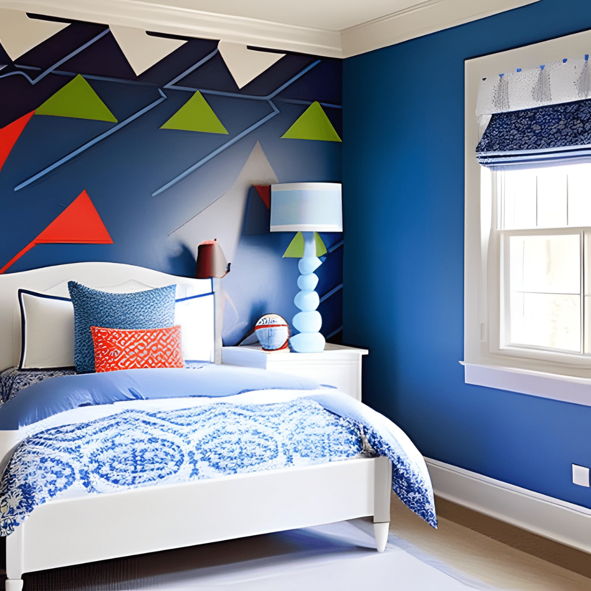 boy's bedroom with blue geometric wallpaper
