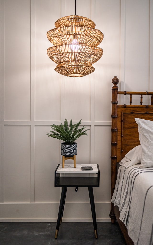 white bedroom with rattan