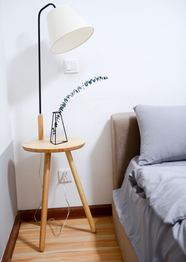 scandi bedroom with baby blue and timber