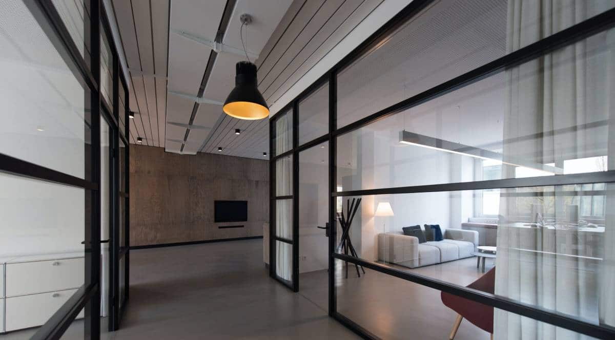 modern hallway with industrial lights