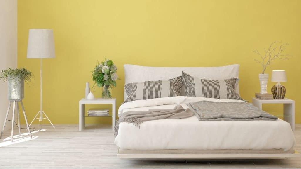 Yellow bedroom interior. Scandinavian design.
