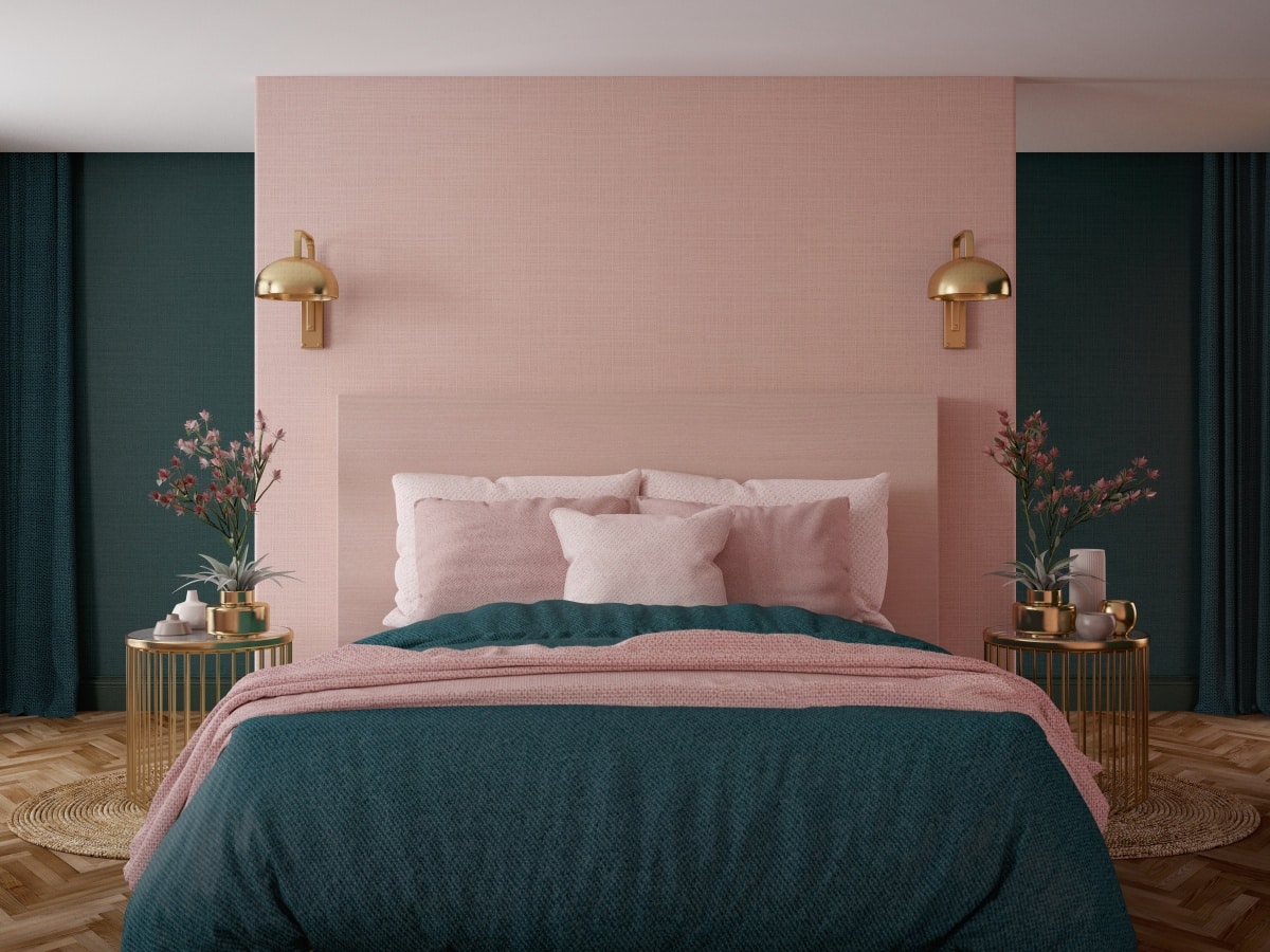 Art deco style bedroom interior with green, pink and gold colors