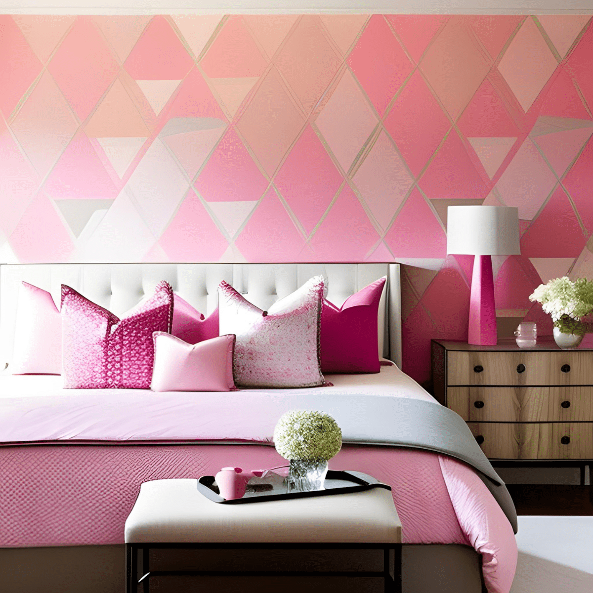 Bedroom with a geometric wallpaper and bed with pink sheets and pillows