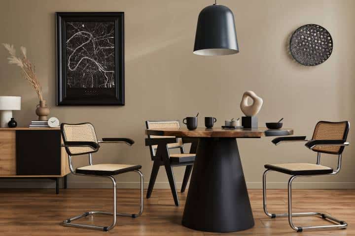 Modern, bold, black dining area
