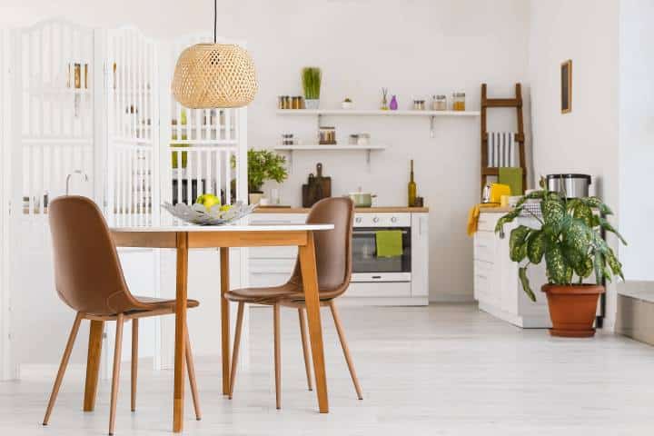 Interior of dining room with folding screen