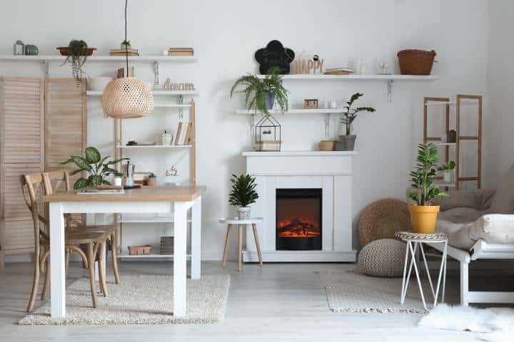 Interior of modern dining room with fireplace