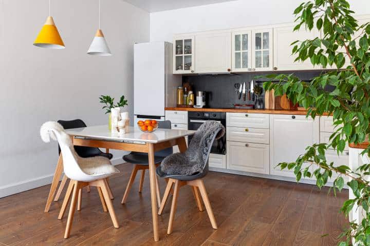 Modern design interior of dining room and kitchen