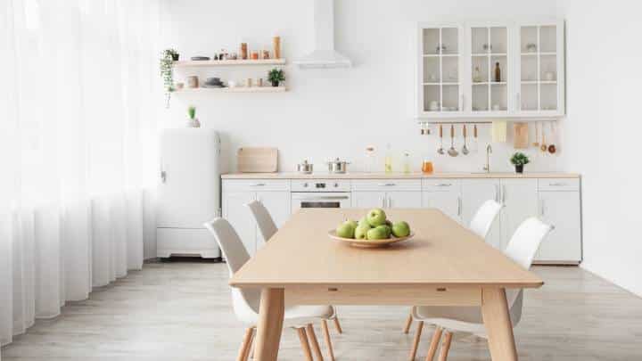 Contemporary minimalist interior of kitchen and dining room