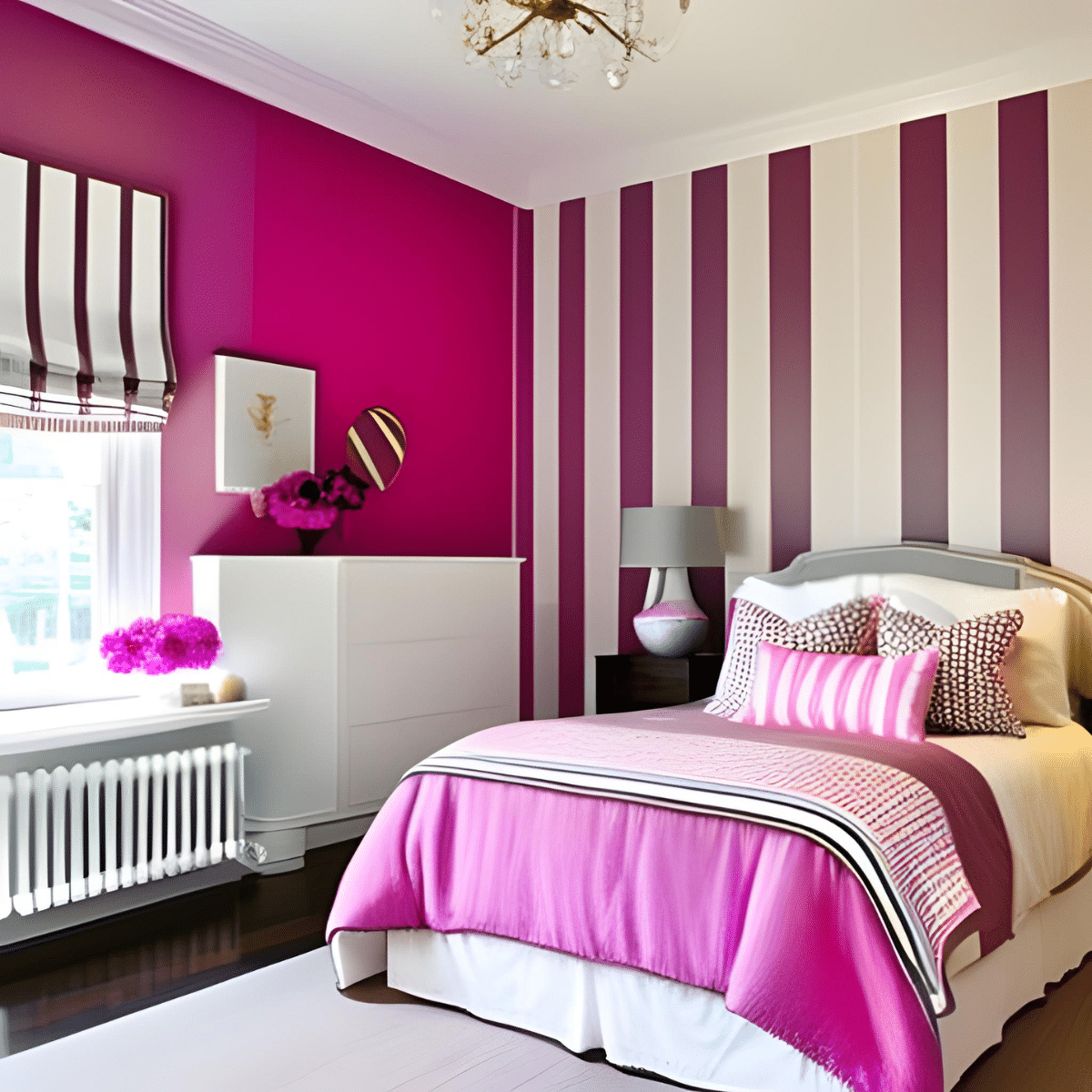 Bedroom with pink bed and purple striped walls