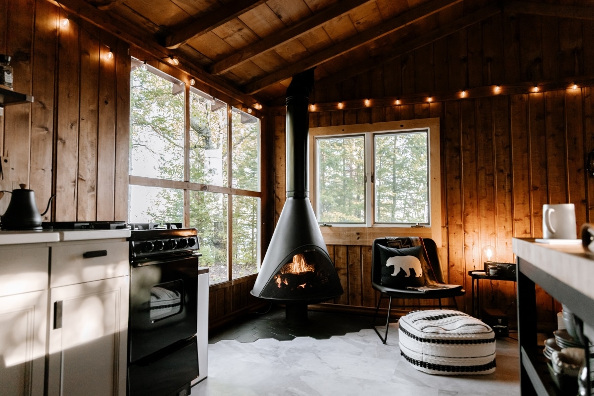 triangular fireplace in cottage