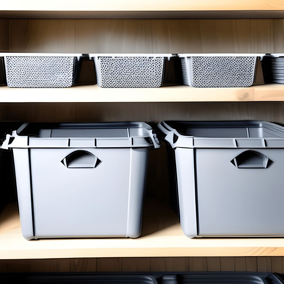 Plastic containers on a wooden shelf. Laundry room storage