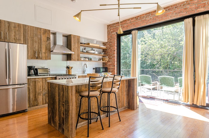 Linen curtains in mid-ccentury kitchen