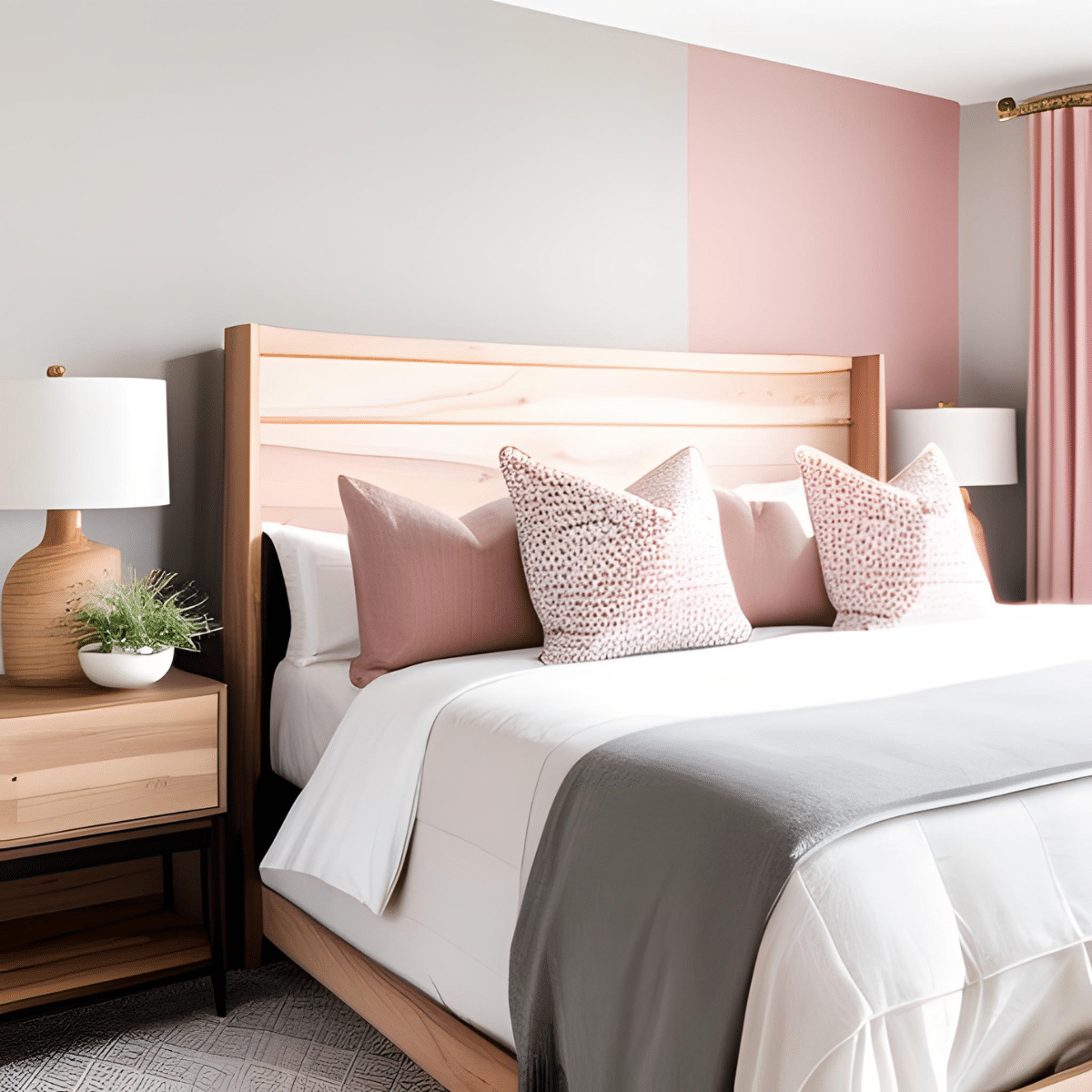 Bed with a blush-toned wood frame and headboard