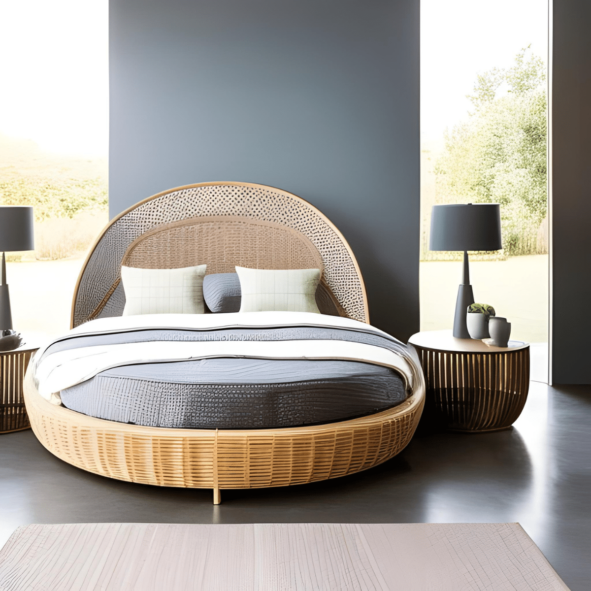 Rattan bed with grey and off-white bedding