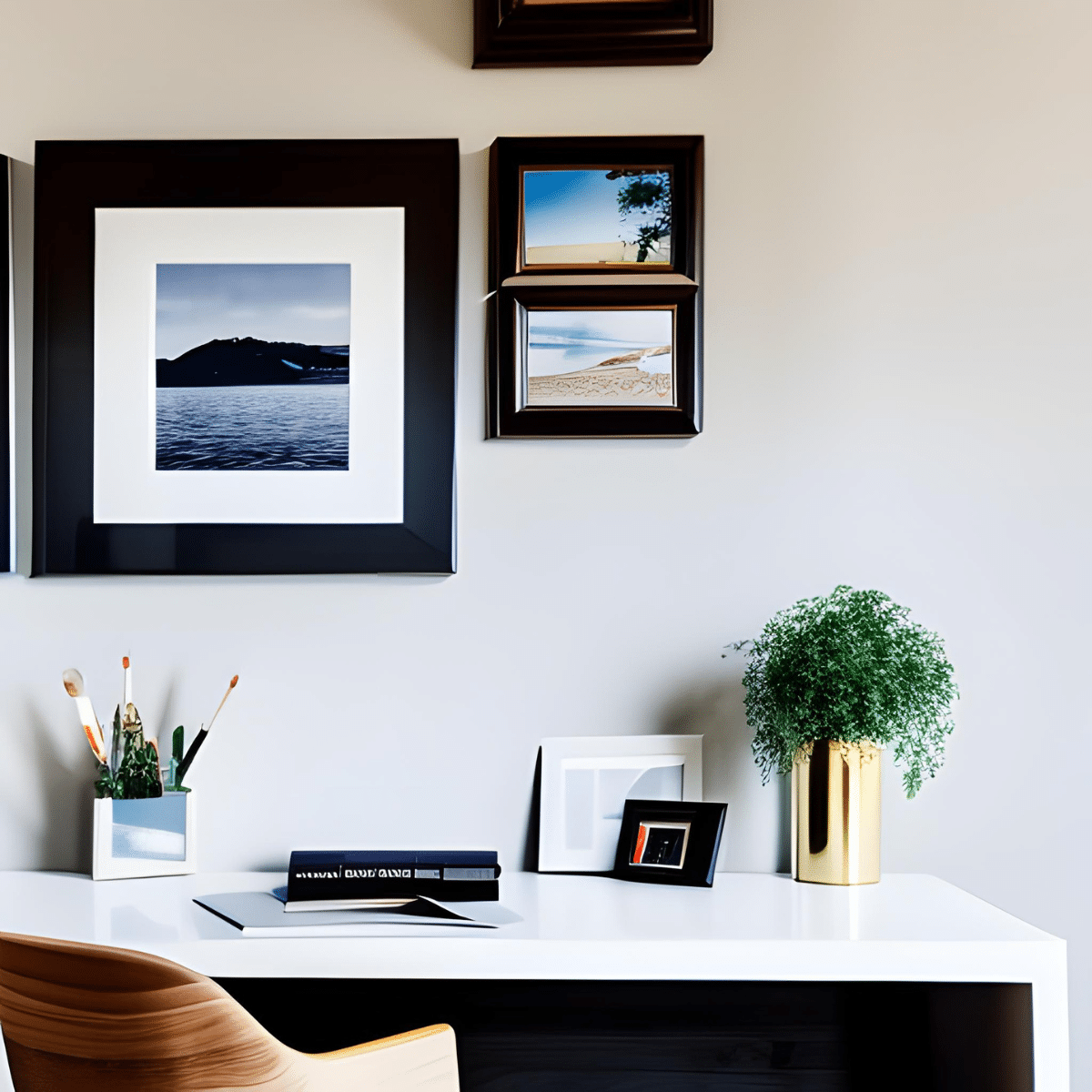 desk with framed photos on the wall above it