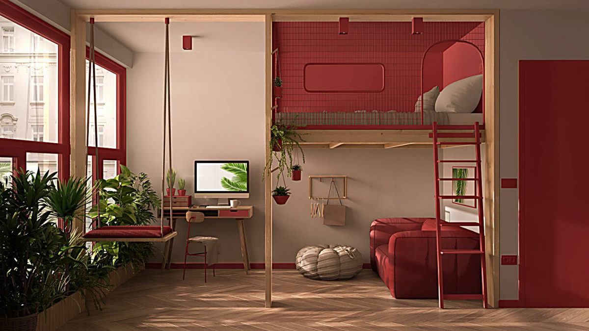 red themed bedroom with loft bed