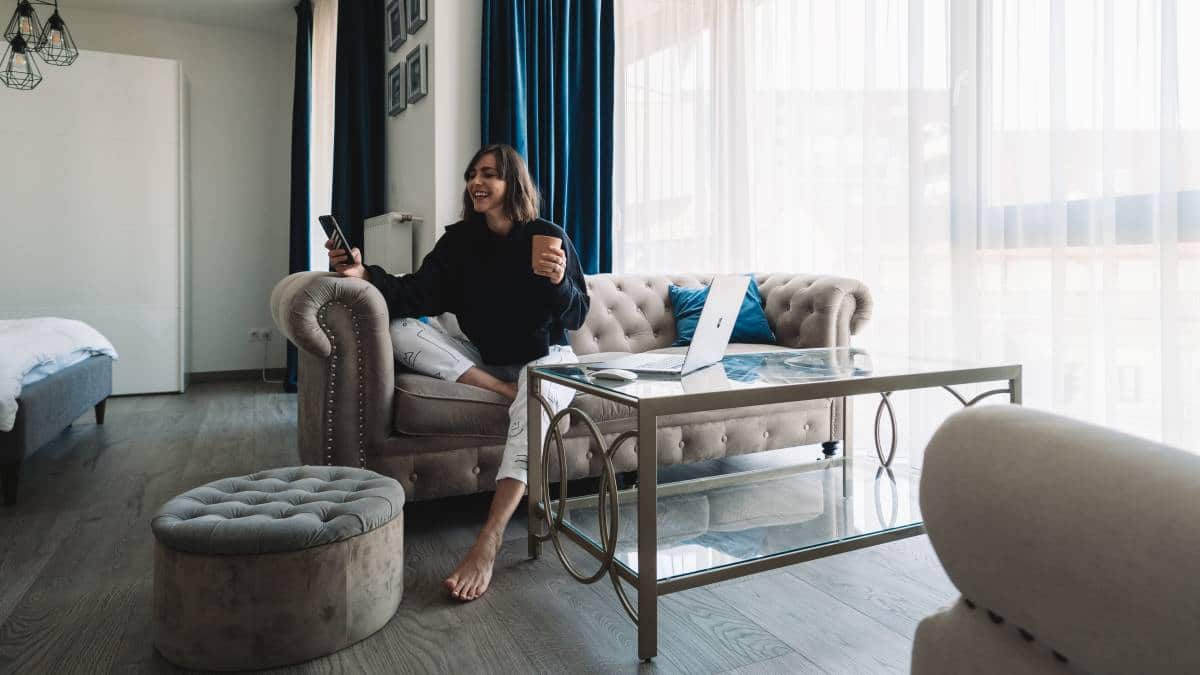 girl enjoying in living room