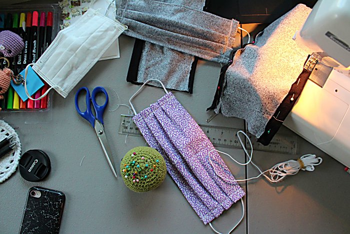 Making a purple mask using sewing machine