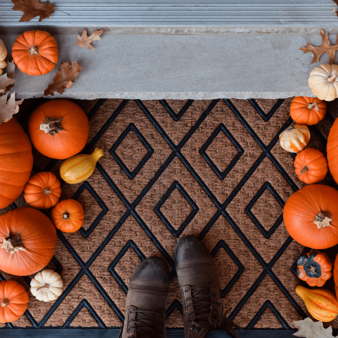 many small pumpkins lined up on a mat