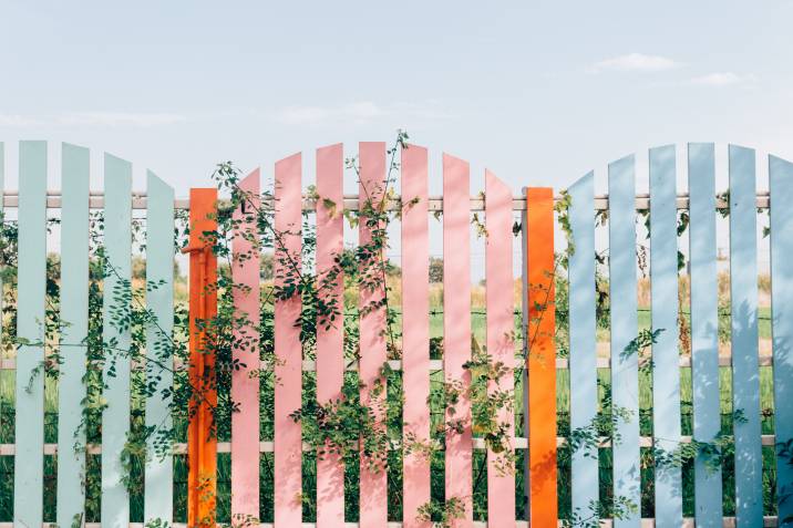 colourful dog fence with pink and blue pastel colours