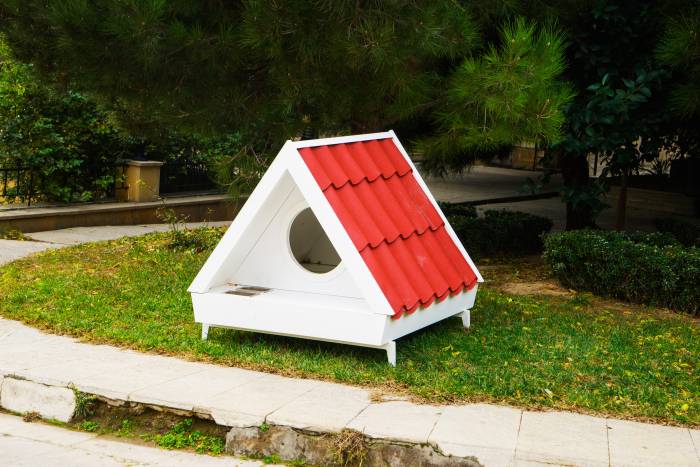 triangular dog house in a yard