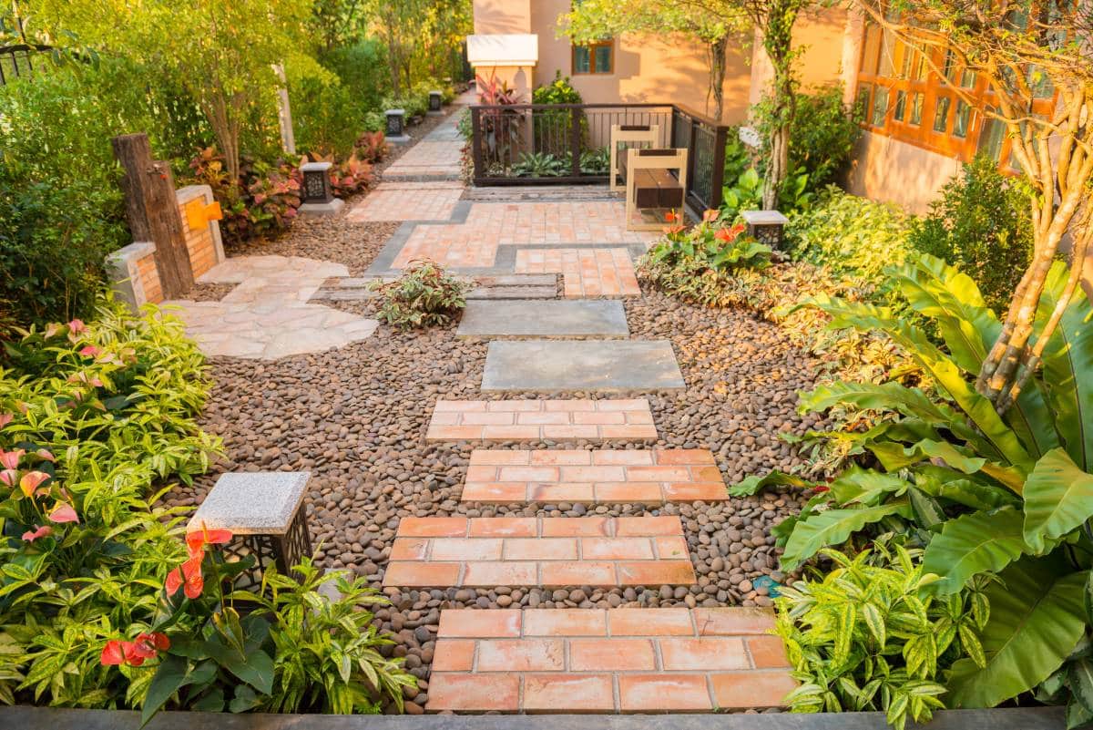 top view of gravel garden landscaping, walkway around the house