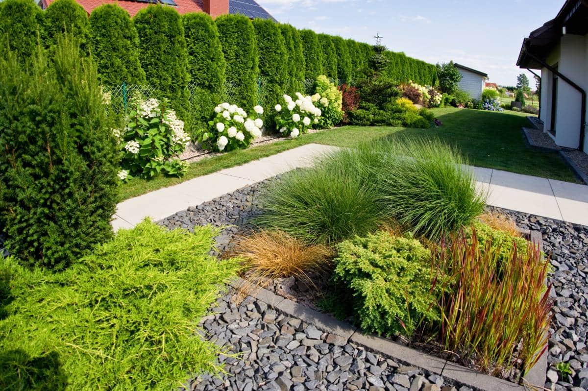 frontyard of a modern house, pocket garden with colourful plants surrounded by grey rocks