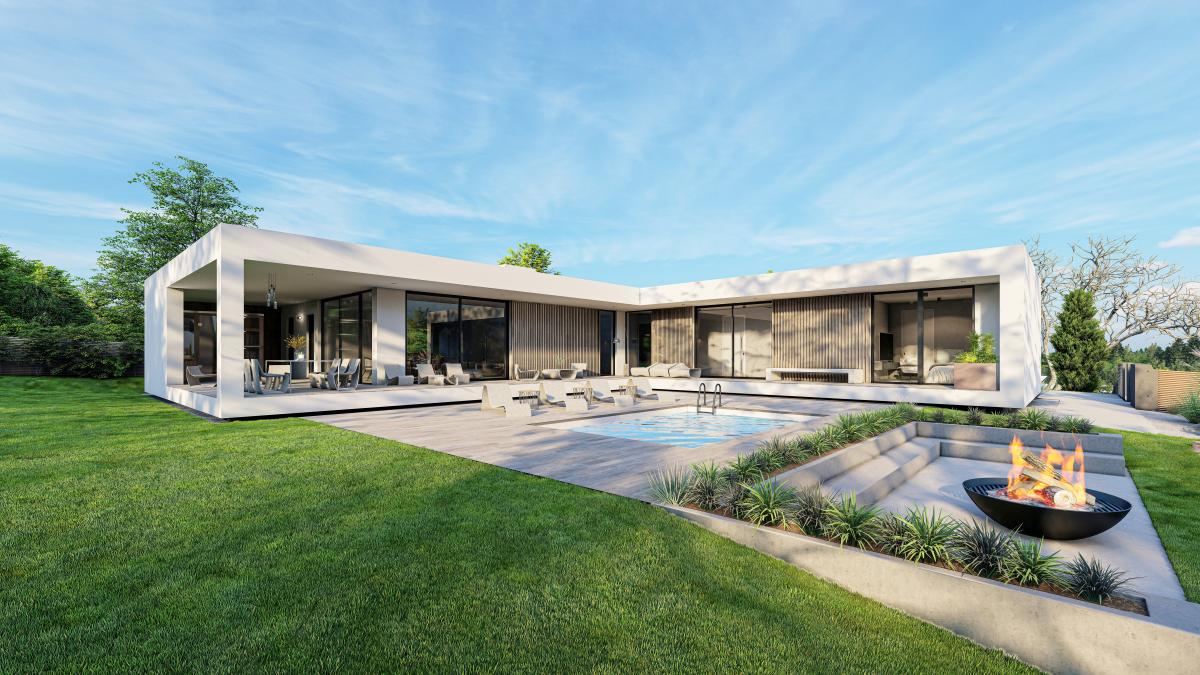 modern villa, large terrace with swimming pool, sunken seating, and firepit 