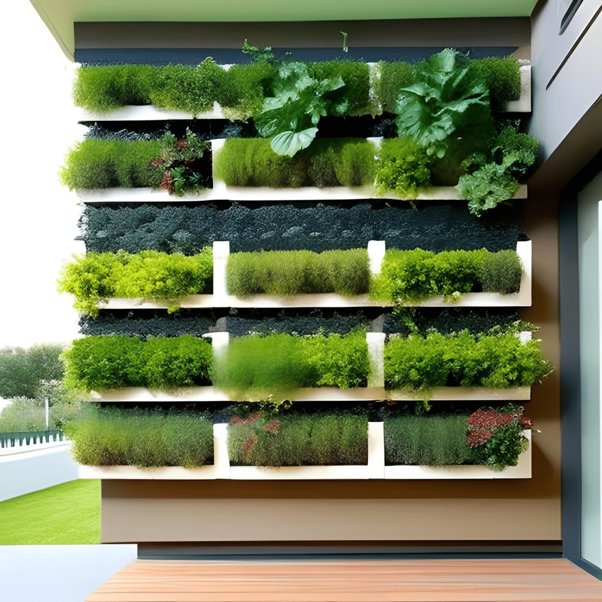 vertical garden with white plastic planters