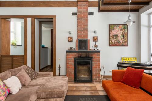 brick fireplace inside living room