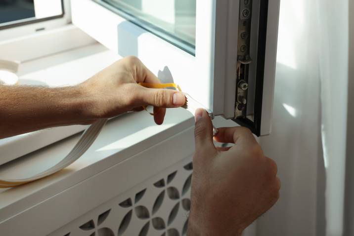 Man putting rubber draught strip onto window 